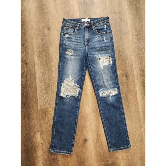 Risen Sequin Mid-rise Straight leg jean stretch cotton blend denim size 27x28 - Picture 1 of 10